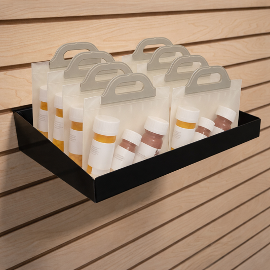 Rx Metal Slatwall Pharmacy Shelf with 1.25" H Front Lip, 15" L x 10" D, Black