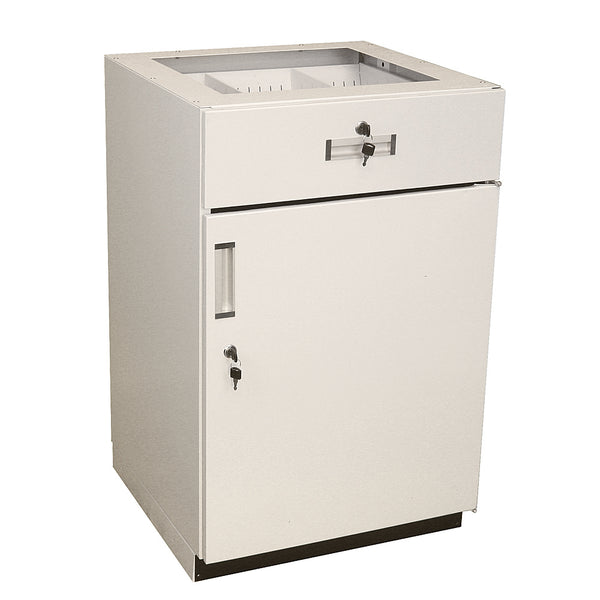 Metal under-counter cabinet with a closed door and locking drawer, shown without a countertop.