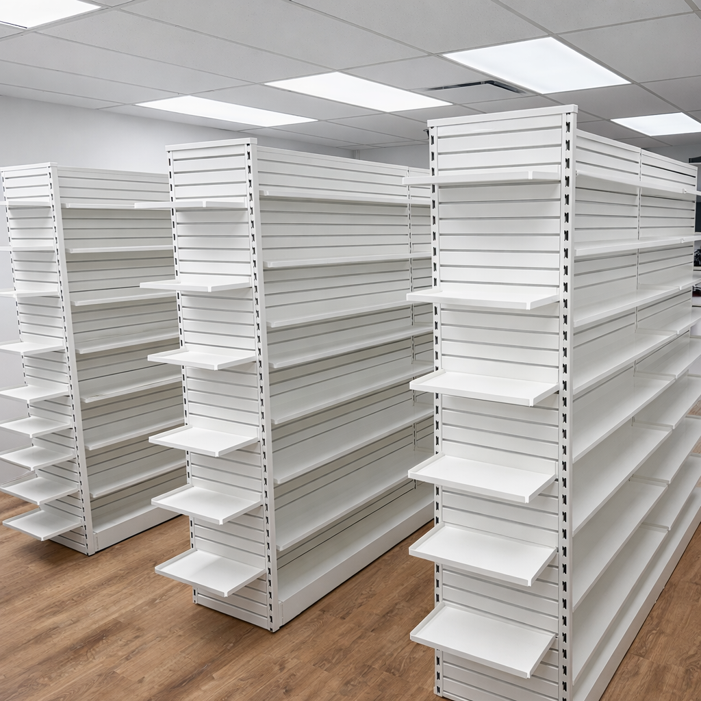 Pharmacy Rx Metal Slatwall End Frame Unit with 8 Levels of Adjustable Shelves - 18" L x 84" H