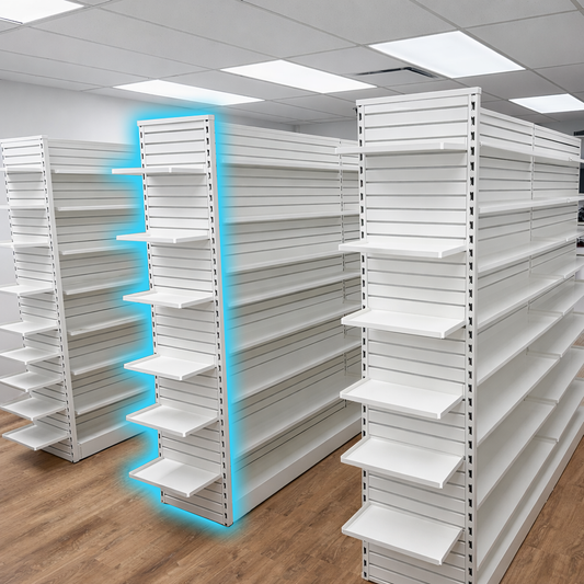 Pharmacy Rx Metal Slatwall End Frame Unit with 8 Levels of Adjustable Shelves - 18" L x 84" H
