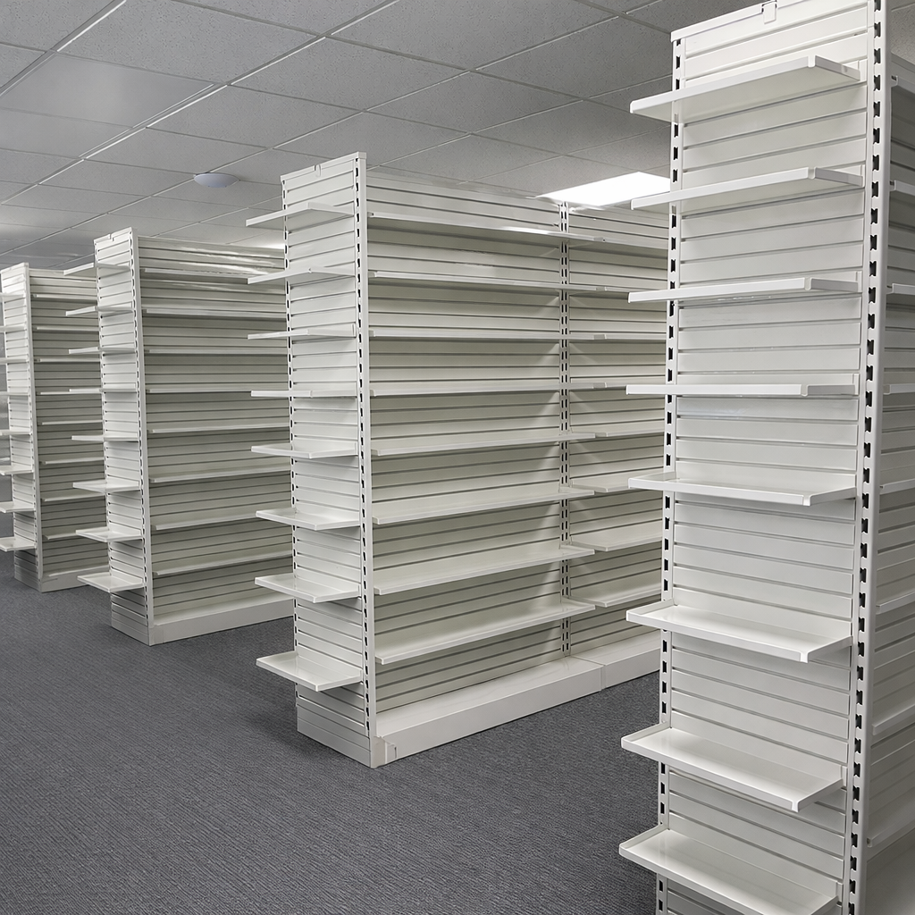 Pharmacy Rx Metal Slatwall End Frame Unit with 8 Levels of Adjustable Shelves - 18" L x 84" H