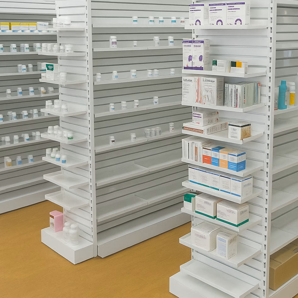 Pharmacy Rx Metal Slatwall End Frame Unit with 8 Levels of Adjustable Shelves - 18" L x 84" H
