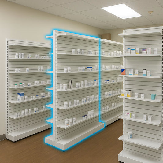 Pharmacy Rx Metal Slatwall Double Sided Unit with 8 Levels of Adjustable Shelves - 24" L x 84" H