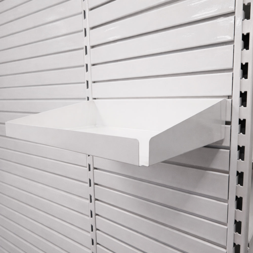 Rx Metal Slatwall Pharmacy Shelf with 1.25" H Front Lip, 15" L x 10" D, Off-White