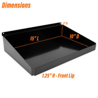 Rx Metal Slatwall Pharmacy Shelf with 1.25" H Front Lip, 15" L x 10" D, Black
