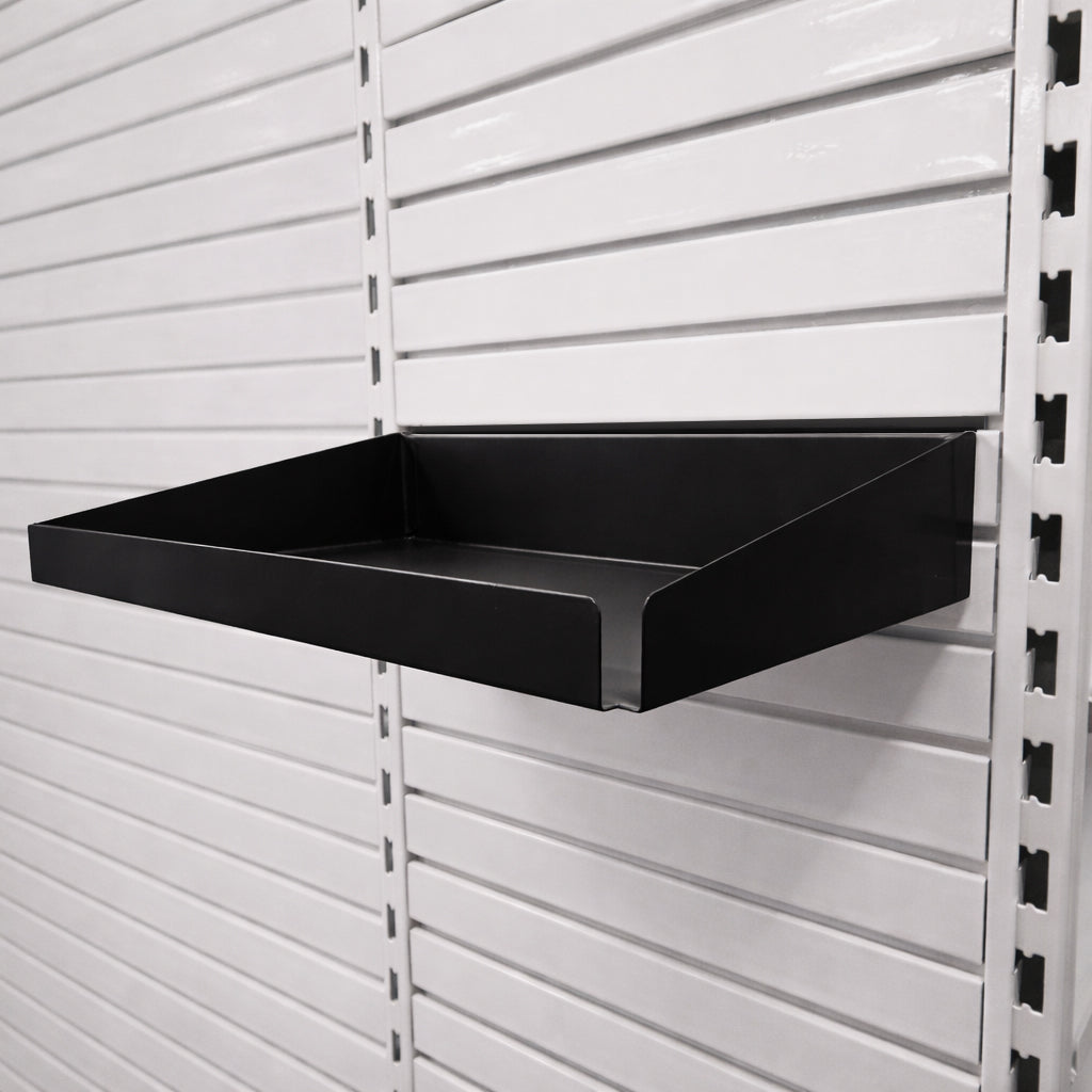 Rx Metal Slatwall Pharmacy Shelf with 1.25" H Front Lip, 15" L x 10" D, Black