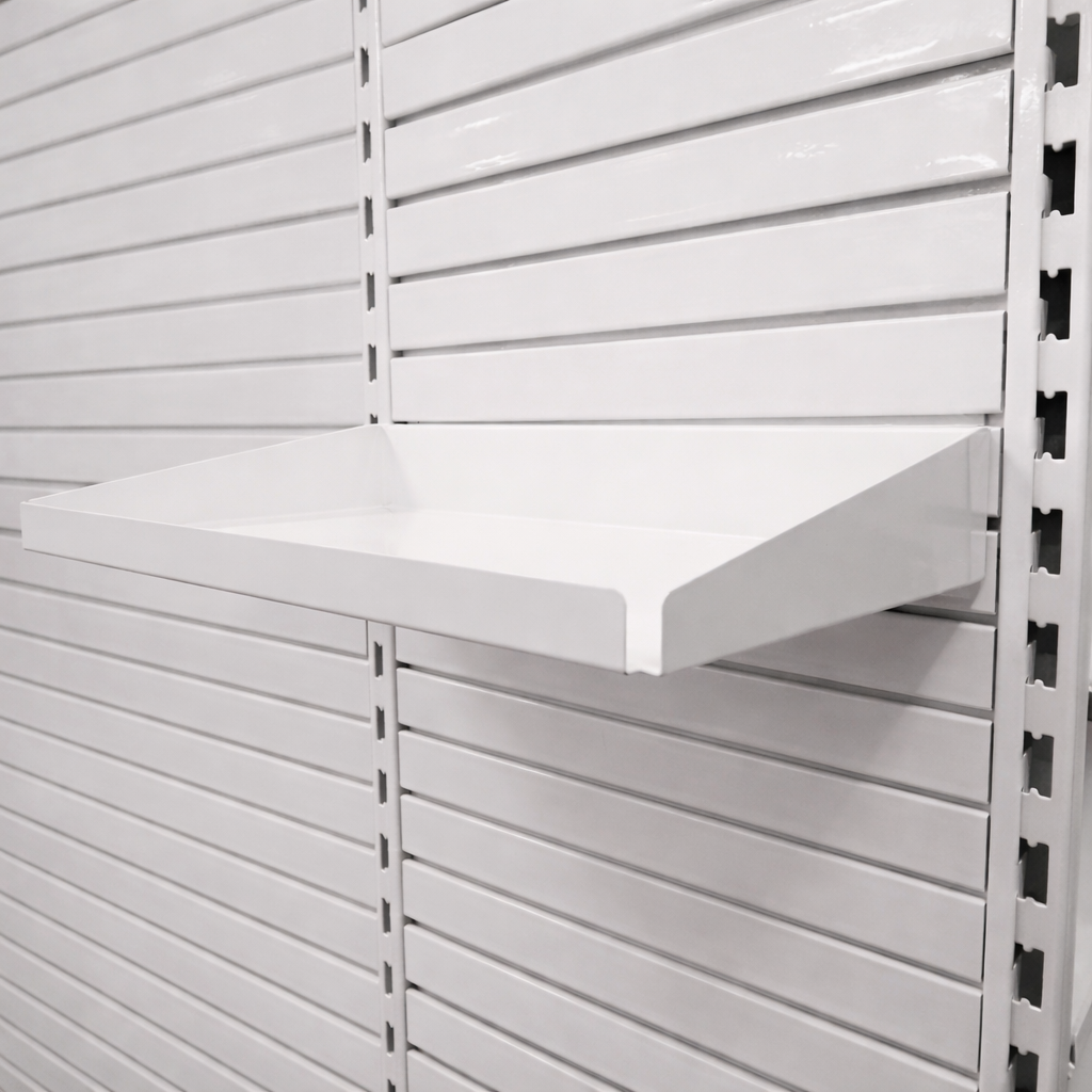 Rx Metal Slatwall Pharmacy Shelf with 1.25" H Front Lip, 22" L x 10" D, Off-White