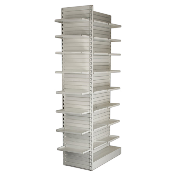 Rx metal slatwall end unit shown attached to a double-sided aisle unit.